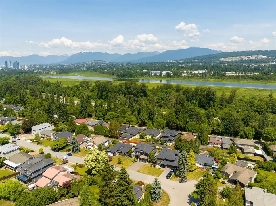 Aerial view of homes and trees beside Burnaby Lake, with mountains in the distance.